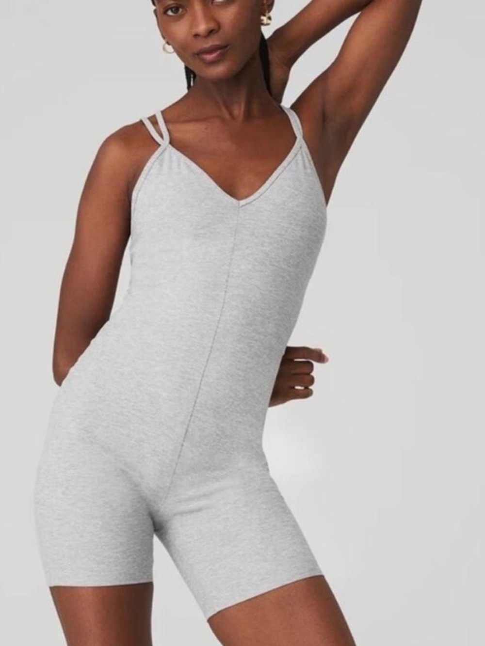 ALO Yoga Double-Strap V-Neck Seamless Romper in Light Gray